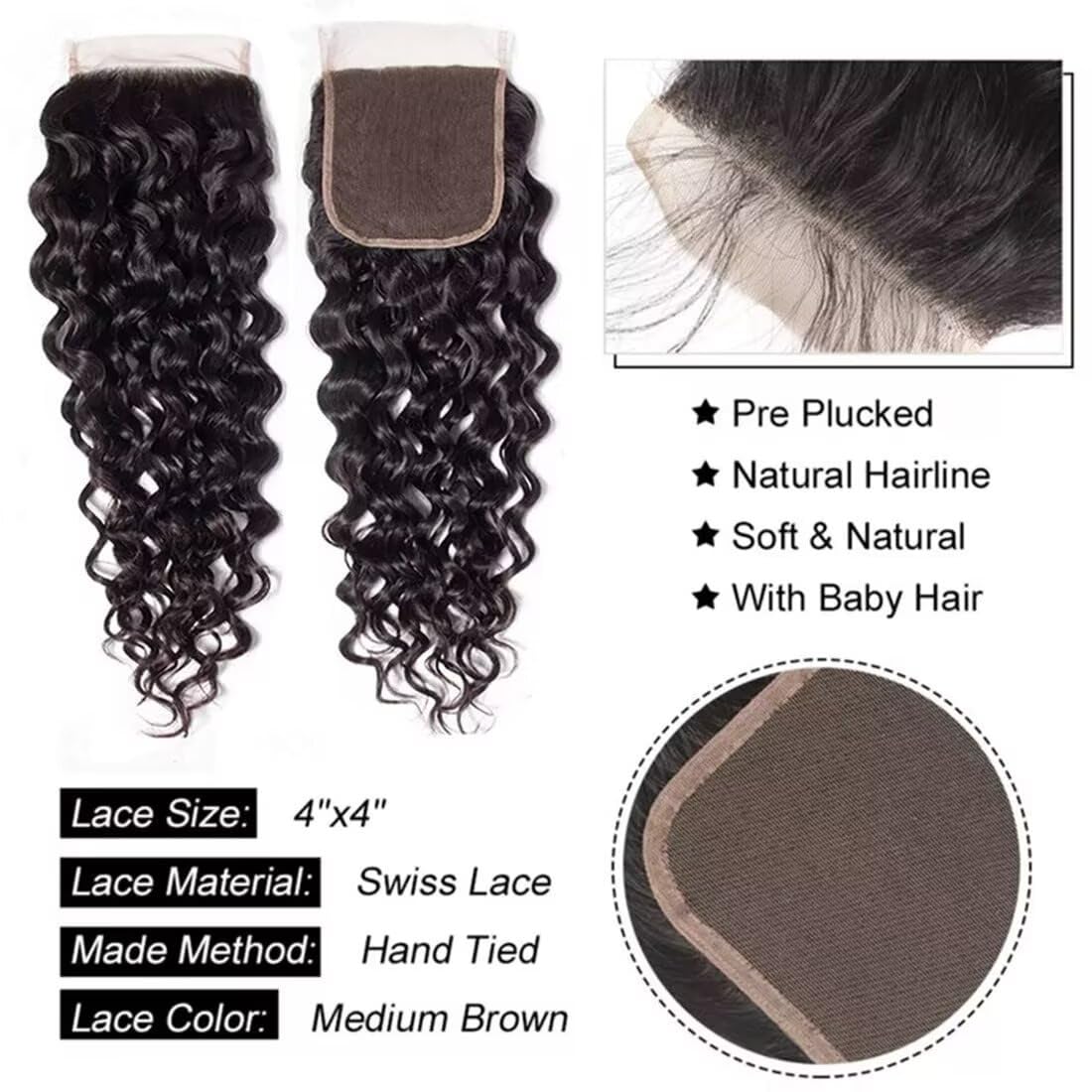 Paquetes de cabello humano rizado brasileño Water Wave Human Hair Bundles With Closure Natural Humano Cabello Humano Ondulado Color Negro Nnatural 3 Bundles total 330g 22 24 26+20 pulgadas