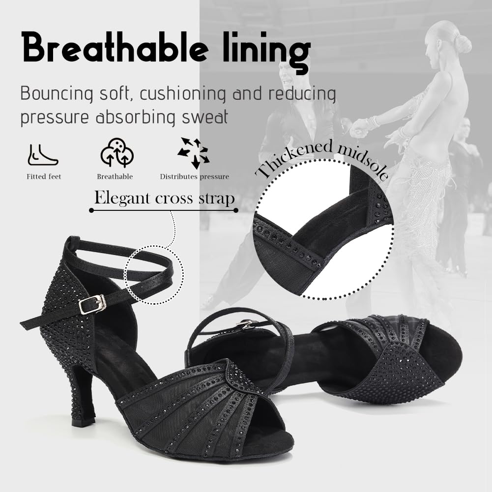 Scarpe da Ballo Latino Americano Donna Scarpe Ballo Salsa de Bachata con Strass Tacco 6cm Suola in Scamosciato