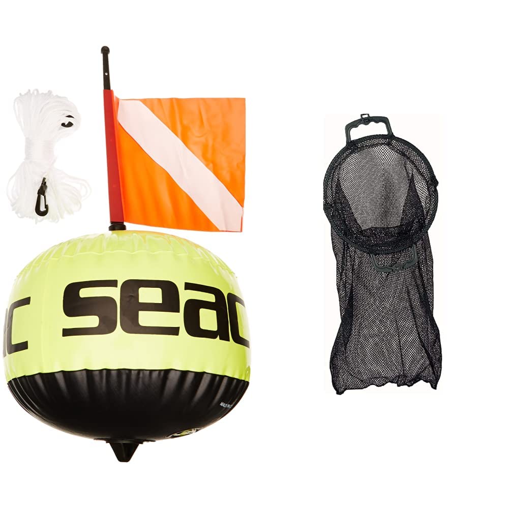 SEAC Boa Sferica, Fluorescente di Segnalazione con Bandierina e Sagola 25 mt Unisex Adulto, Giallo, 57 cm Sacca Portapesci con Rete a Sgancio Rapido