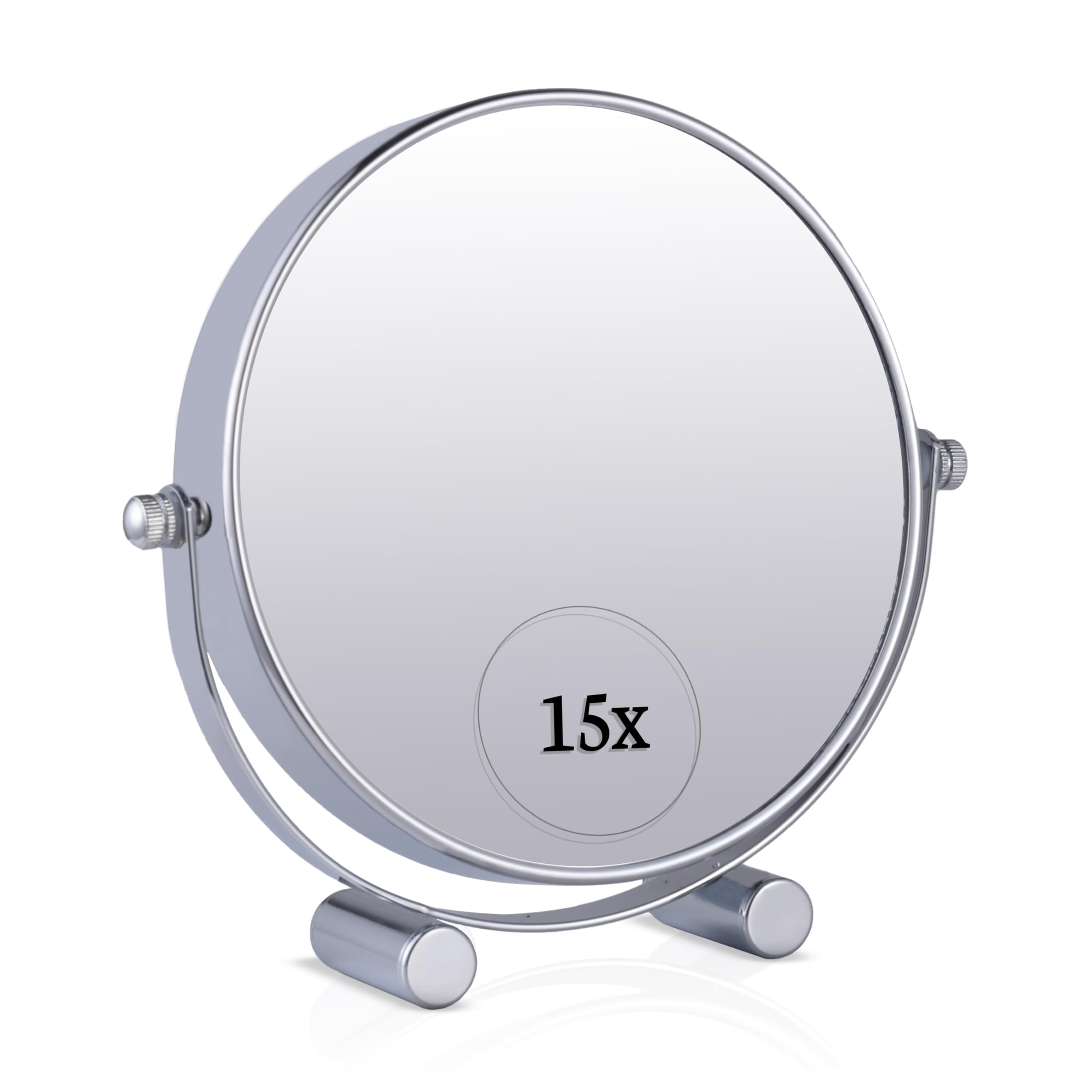 Small 15X Magnifying Tabletop Mirror for Makeup - Double Sided 15x and 1x Portable Make Up Mirror for Desk, Dressing Table and Retail Store - 6" Wide & 6.7" Tall (Chrome)