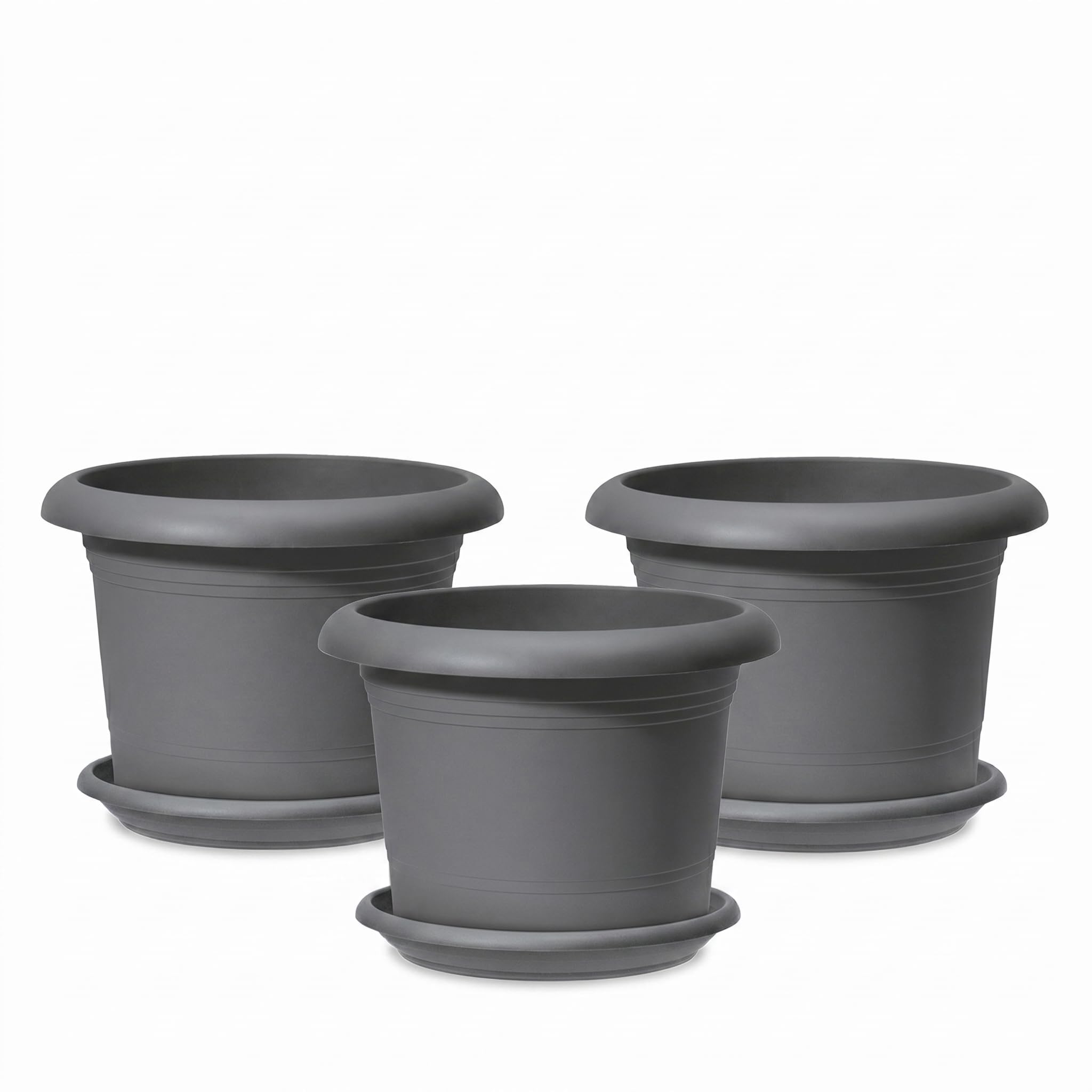 Scheurich Lot de 3 pots de fleurs Oliver avec soucoupes - Couleur : gris métallisé - Diamètre : 40,4 cm - Hauteur : 28,1 cm - Volume : 19,3 l
