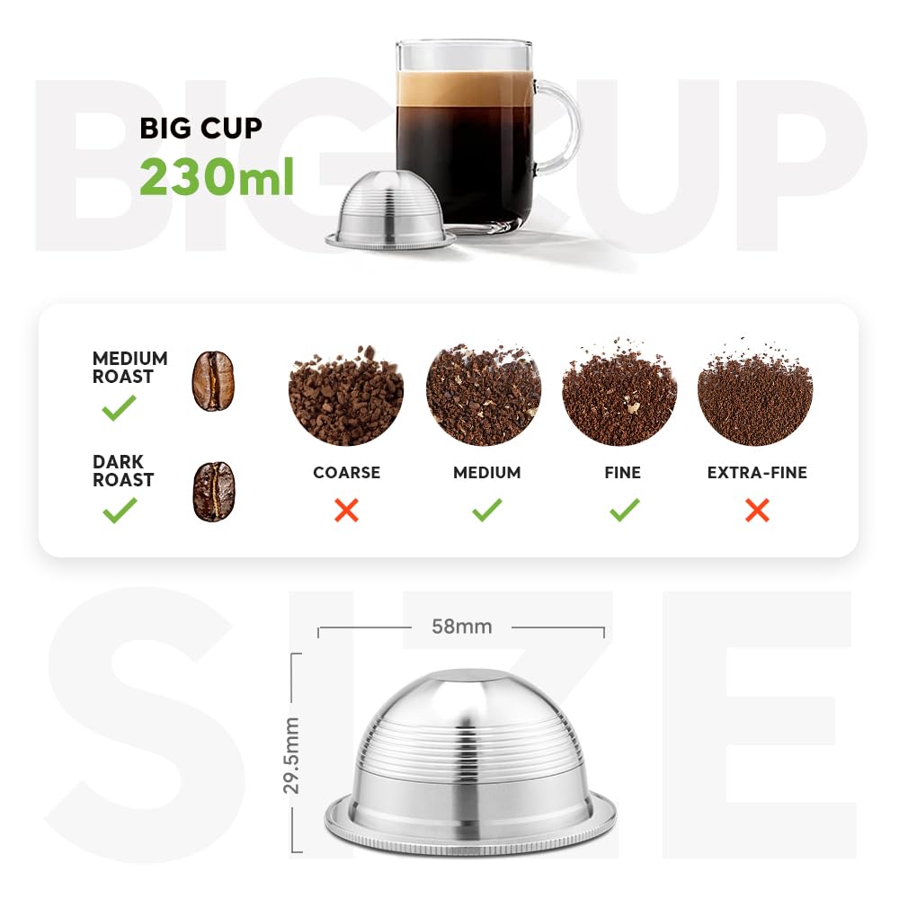 Cápsula de café VertuoCoffee recargable de acero inoxidable, cápsula de café recargable de metal de 230 ml (taza grande), cápsula reutilizable NespressoVertuoline compatible con GCA1,