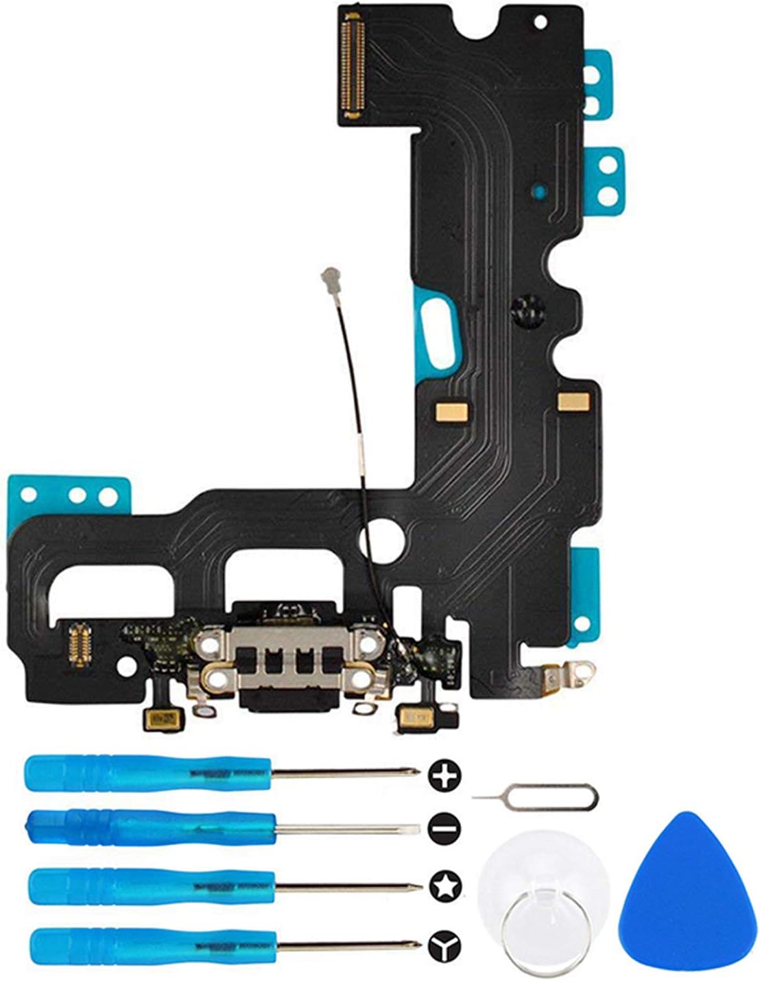 Eoneding Charging Port Replacement Kit USB Charging Charger Port Dock Connector Flex Cable + Microphone + Headphone Audio Jack Replacement Part for iPhone 7 4.7 Black (Black for iPhone 7)