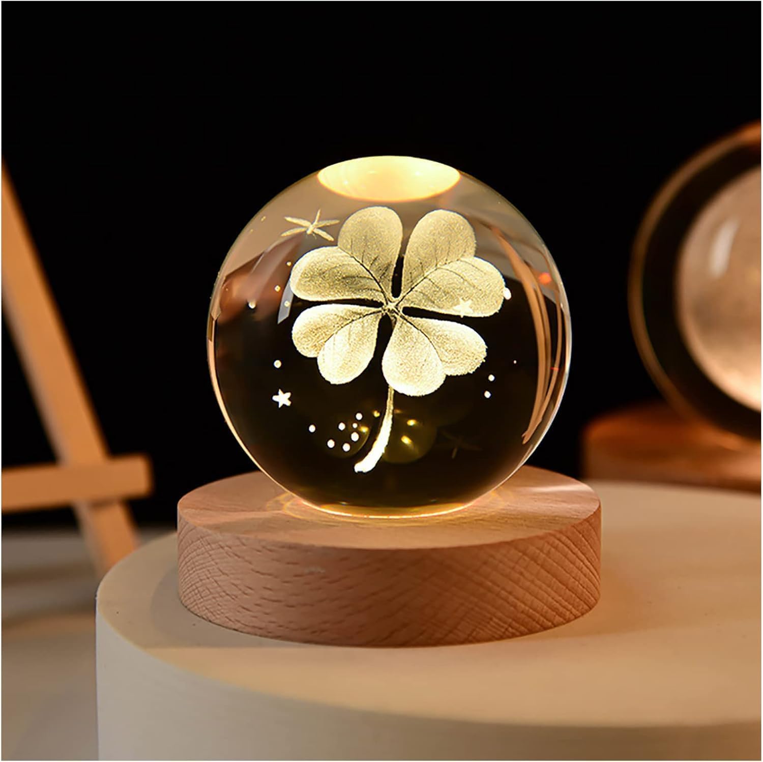 Desidiya Crystal Ball Night Light with Wooden Base | 3D Laser Engraved LED Decorative Lamp for Bedroom, Kids Room & Gifts | USB Powered Soft Warm Glow – Four Leaf Clover Design