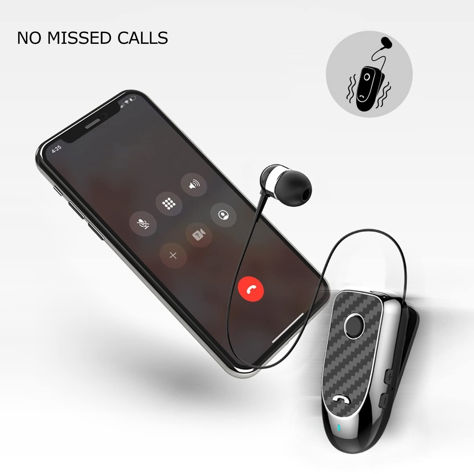 Bewinner Auricolare Bluetooth Wireless Lavalier, Auricolare Sportivo Stereo Retrattile, Auricolare Bluetooth Multifunzione a Vibrazione con ID Chiamante