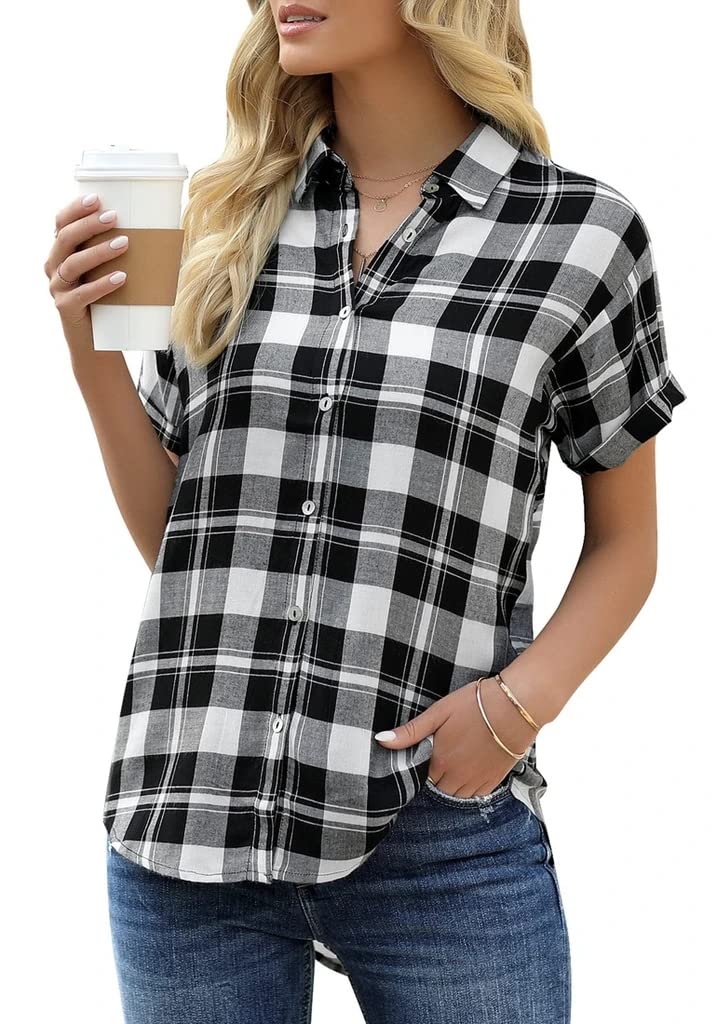 VeatzaerWomen's Plaid Short Sleeve Button Down Shirt Casual Summer Blouses Tops