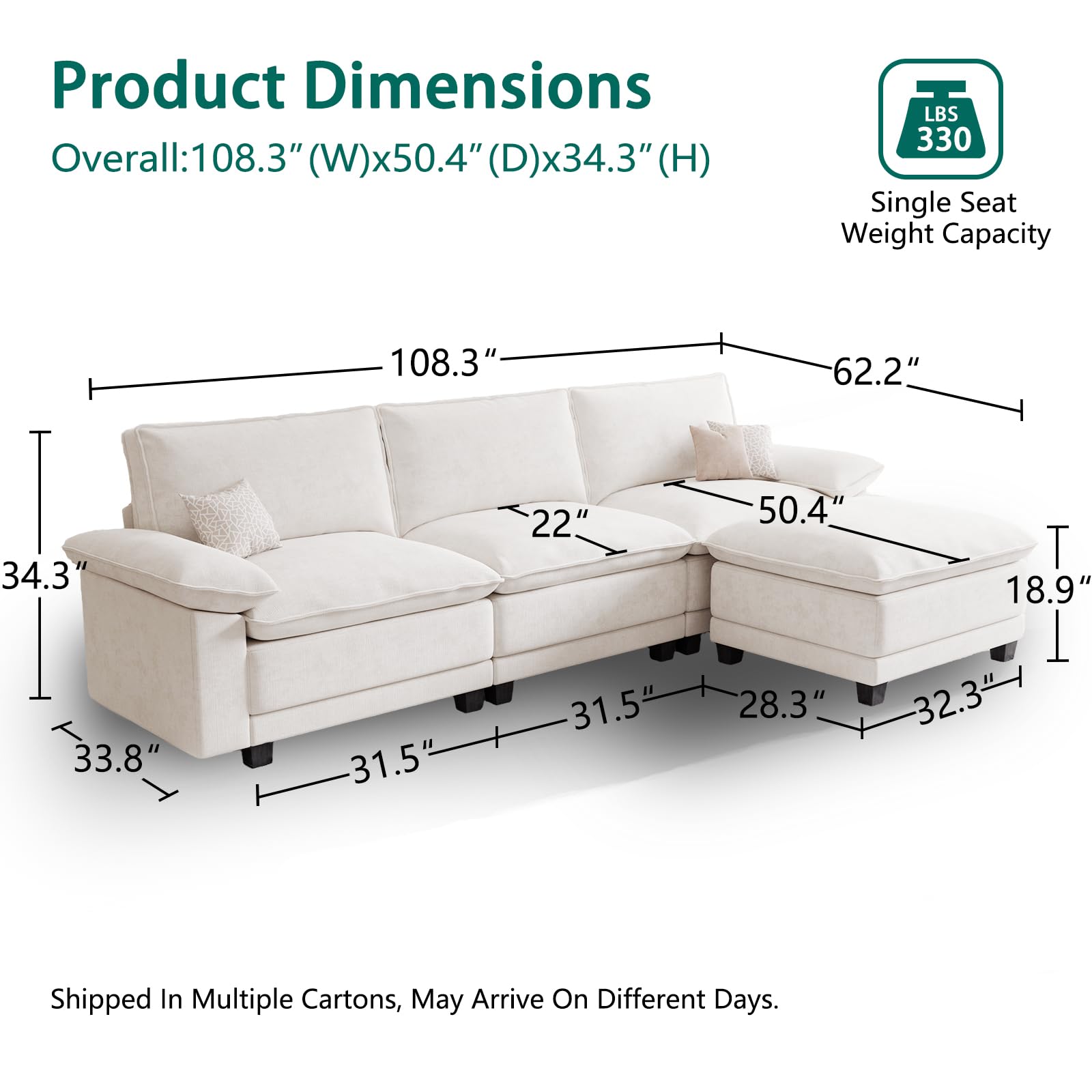 108" Modular Sectional Couch, L Shaped Cloud Sofa for Living Room | Comfortable Foam Cushions, Sturdy Frame, Appealing Appearance, Easy Assembly, Soft Chenille, Modular Design, Beige