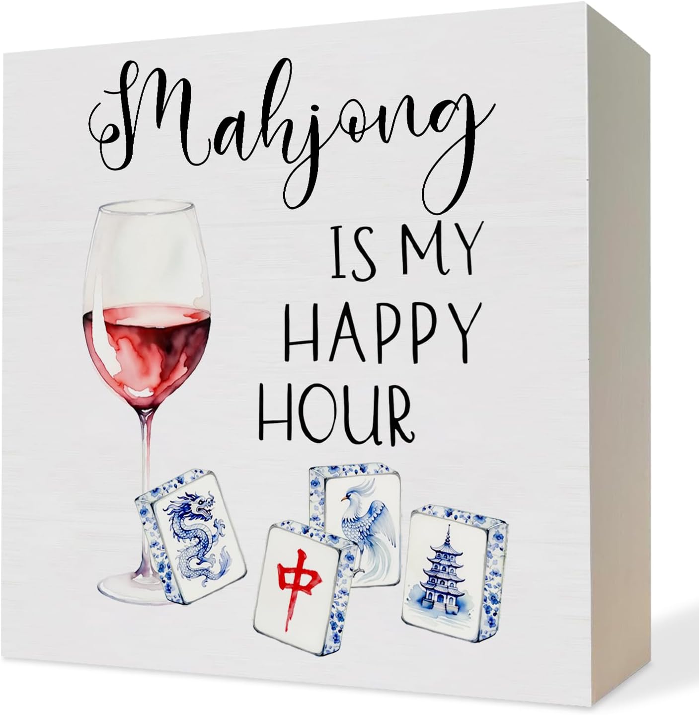 Chinoiserie Wine Mahjong Wooden Box Sign, Mahjong Wine Gifts for Women,Blue and White Grandmillennial Wood Block Plaque Signs Decor for Home Office Desk Table Shelf Decor, 5x5 Inch