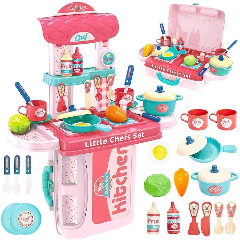 Cojuz Mini Pink Kitchen Set Pretend Play Toy for Kids Portable Cooking Suitcase 3 in 1