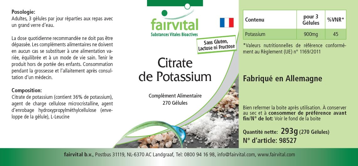 fairvital Citrate de potassium en gélules, HAUTEMENT DOSÉ, 300mg de potassium par gélule, VÉGÉTALIEN, Potassium Citrate, 270 gélules