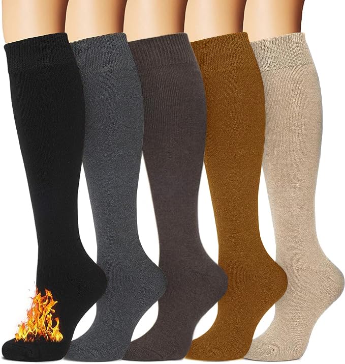 Warm Winter Knee High Socks for Women Thermal Cotton Boot Socks Black Long Thick Leg Warmers for Running Hiking Work