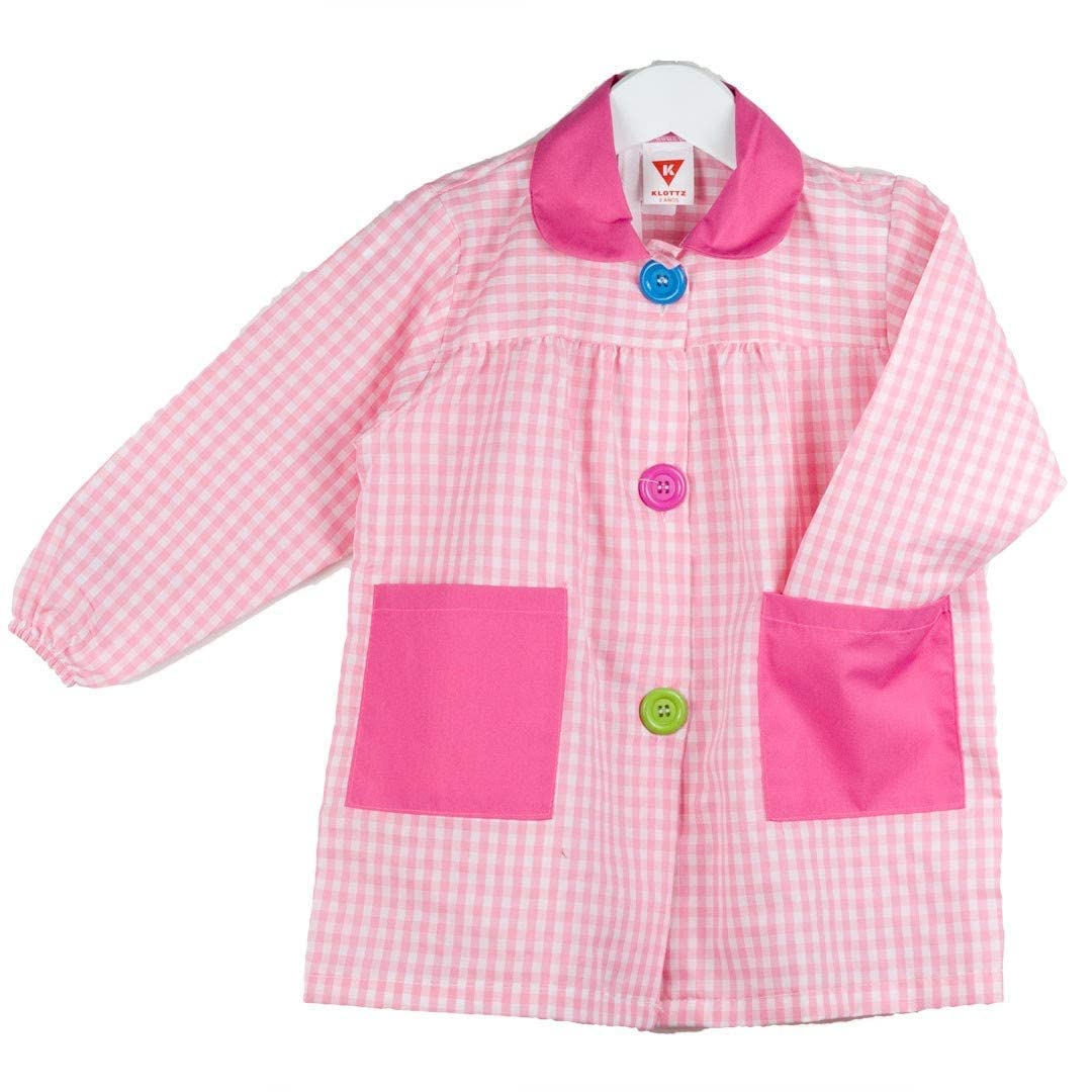 KLOTTZ 901B - Babi cuadros guardería Bata escolar con botones y amplio colorido. Protección ropa en comedores y manulidades en casa. Niñas color: ROSA talla: 1
