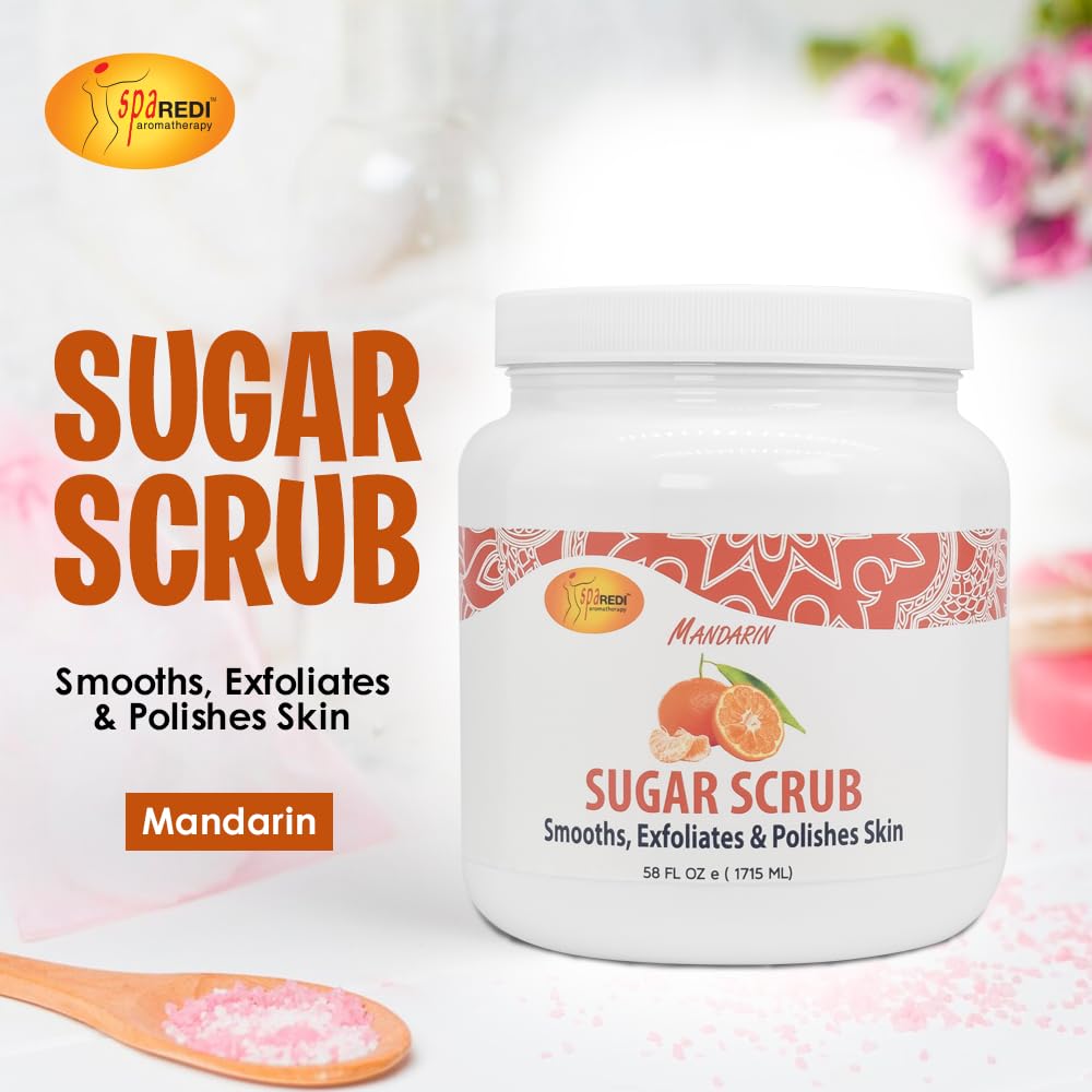 SPA REDI Sugar Scrub - Exfoliating, Moisturizing, Hydrating and Nourishing, Glow, Polish, Smooth and Fresh Skin - Body Exfoliator, Mandarin - 58 Oz