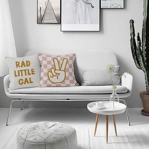 Miniatura 2 de HIWX Rad Little Gal Preppy - Juego de 2 fundas de almohada decorativas con letrero de la paz a cuadros de color rosa retro para sofá, cama, hogar,