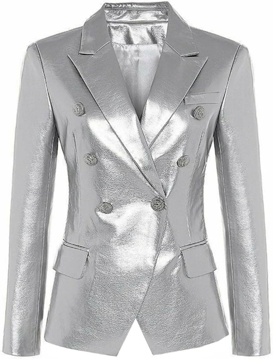 Kromoc Women's Leather Suit Coat Double Breasted Buttons Peak Lapel Jacket for Professional Business Trip