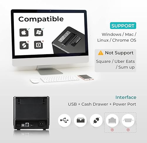 Miniatura 4 de MUNBYN Impresora de recibos USB de 3.150 in, impresora POS con cortador automático, soporte de comando ESCPOS, Windows Mac y papel de recibo térmico