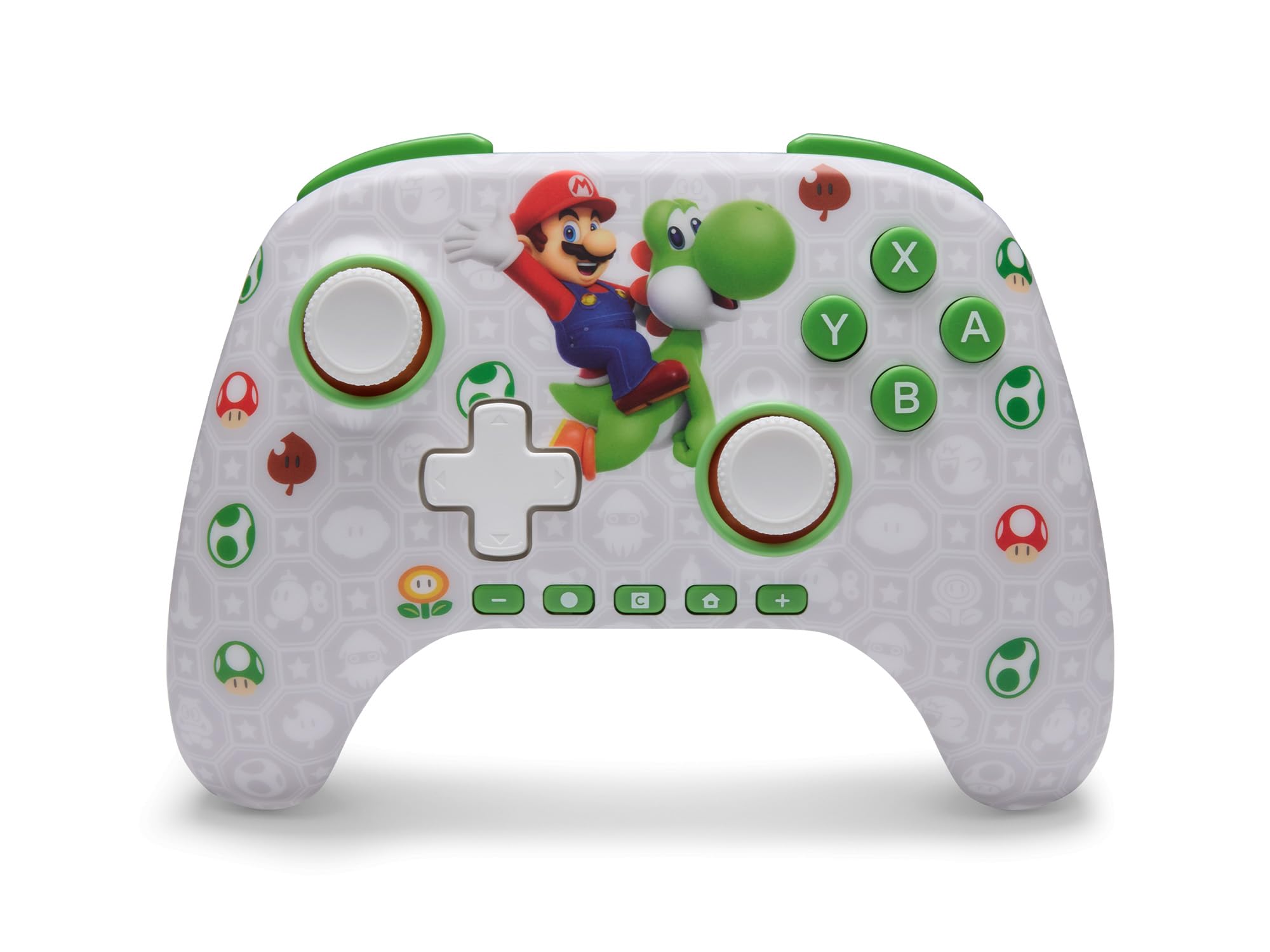 Front view of the PowerA Advantage Wireless Controller with Mario and Yoshi design, showing all face buttons and analog sticks.