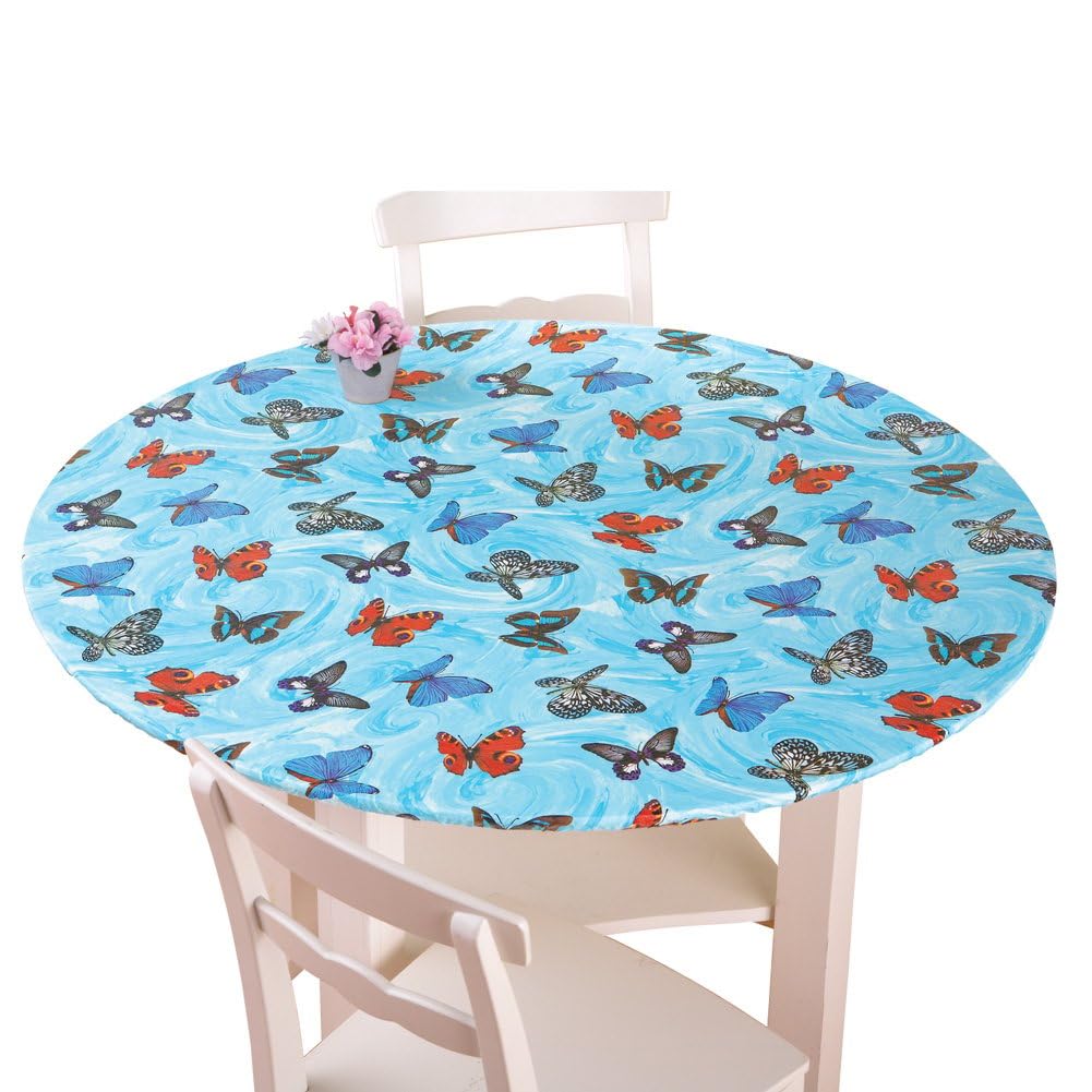 Collections Etc. Patterned Fitted Table Cover with Soft Flannel Backing and Durable Wipe-Clean Vinyl Construction, Butterflies, Round