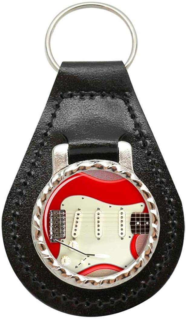 Giftshop Uk Unisex Black Leather And Silver Metal Stratocaster Guitar Leather Key Fob