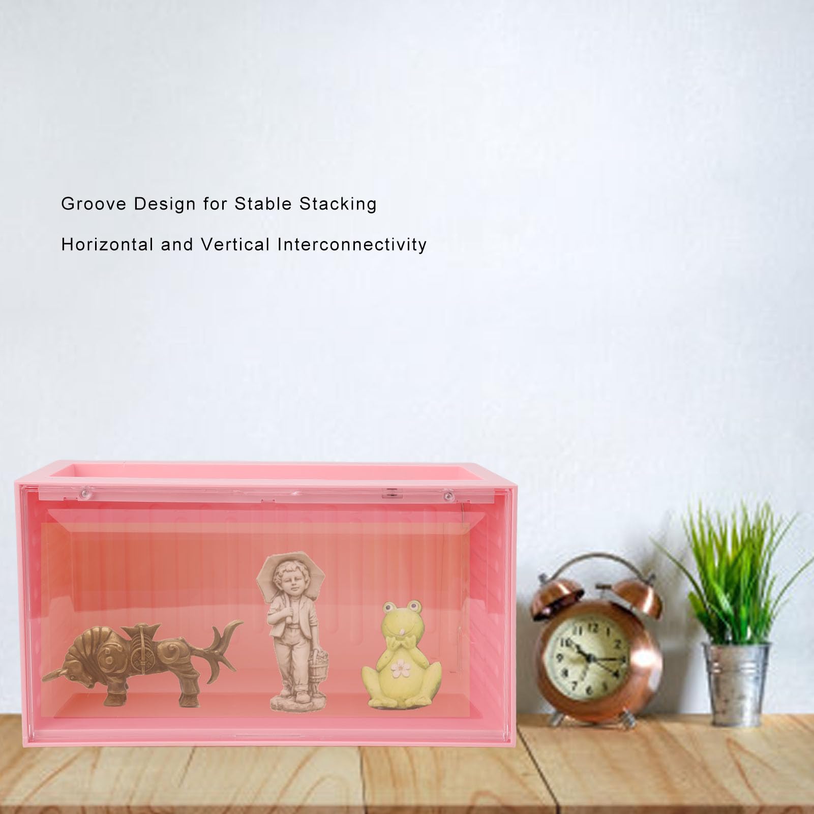 Figurenvitrine mit Licht HIPS PET 2-stöckige Mini-Figurenvitrine 12 LEDs Staubdicht Stapelbar Anschließbares Regal für Sammler-Schreibtischdisplay (PINK)