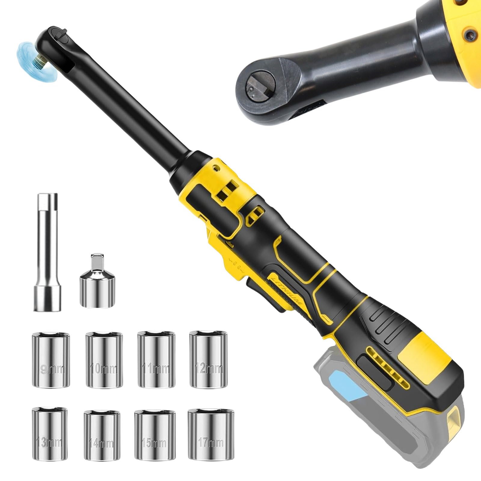 Llave de trinquete inalámbrica extendida de 3/8 pulgadas para baterías Dewalt de la serie 20 V, cabeza extendida de 16 cm, potencia eléctrica de 90 N.m con 8 mangas métricas, llave de trinquete de