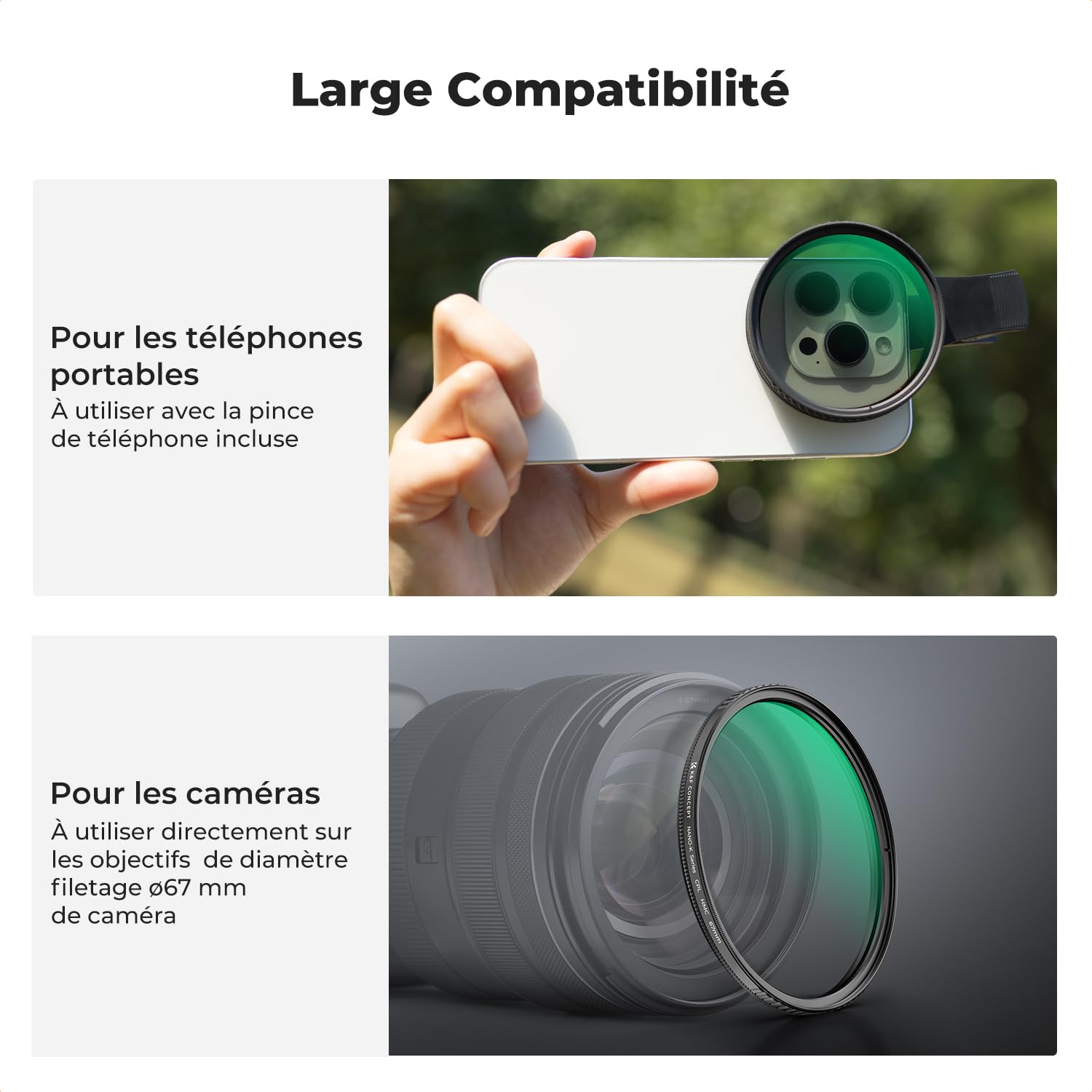 K&F CONCEPT 67mm Filtre Polarisant CPL et Clip Pince Compatible avec iPhone 17 16 15 14 Téléphone Smartphones Objectifs et Un Chiffon