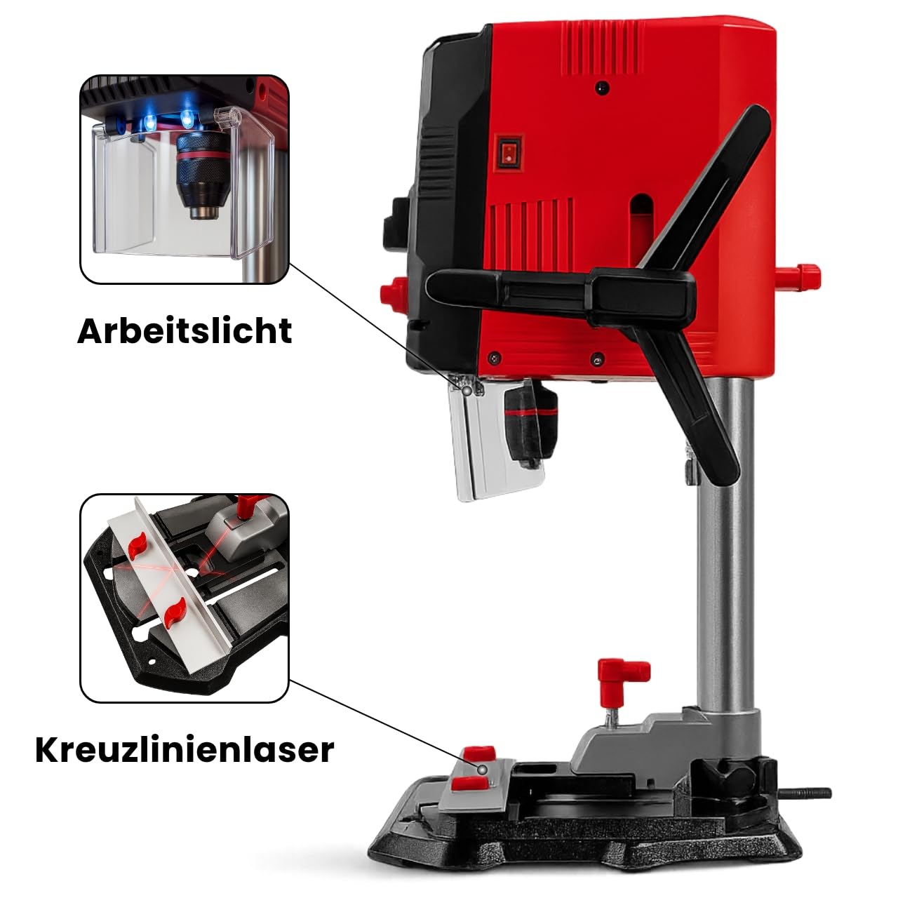 WALTER Tischbohrmaschine 900 W mit Laserführung und LCD-Anzeige, 6 Drehzahlstufen, 40 mm Bohrtiefe in Holz, 13 mm in Stahl, massiver Gusseisentisch, für Heimwerker und Werkstatt