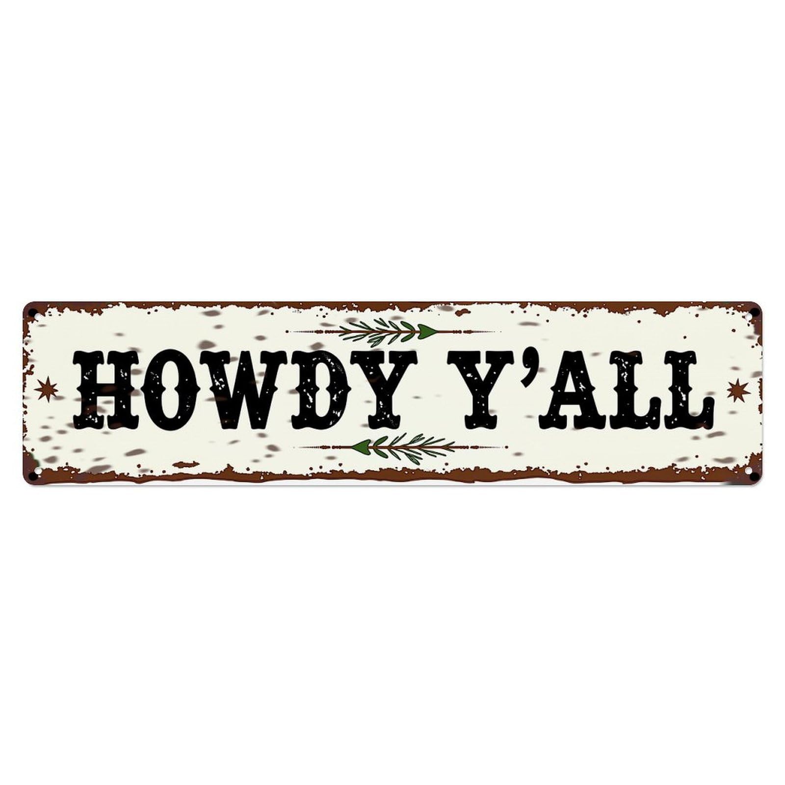 Jdyaojiesheng Vintage Howdy Y'all Sign Pattern Tin Sign Retro Metal Wall Decor Metal Poster, Home Bar Garage Farmhouse Cafe Wall Art Decoration 4X16inch