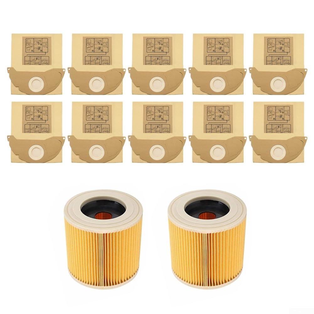 Lot de 12 sacs à poussière pour aspirateurs Karcher WD2 WD2.200 MV2 A2004 6.904-322.0 - Pièces de rechange pour aspirateur humide et sec, 10 sacs à poussière, 2 filtres à cartouche