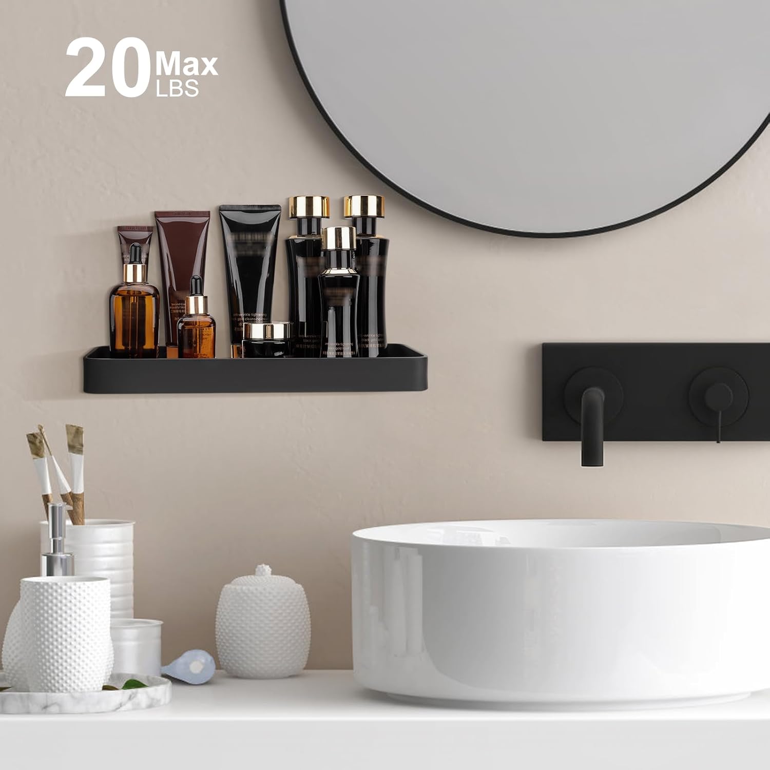 Uquelic 12 Inch Glass Bathroom Shelves, 2pcs Modern Floating Shelf, Matte Black Aluminum Frame, Clear Tempered Glass, Wall-Mounted Bathroom Shelf