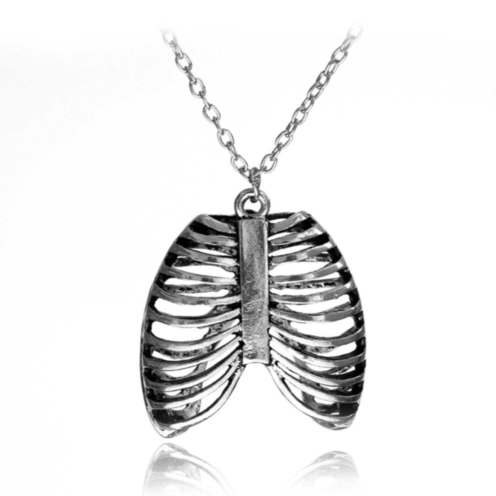 Stang Silver Retro Classic Hollow Ribs Bones Punk Skull Pendant Body Thoracic Anatomy Necklace Pendant Personality Jewelry Gift