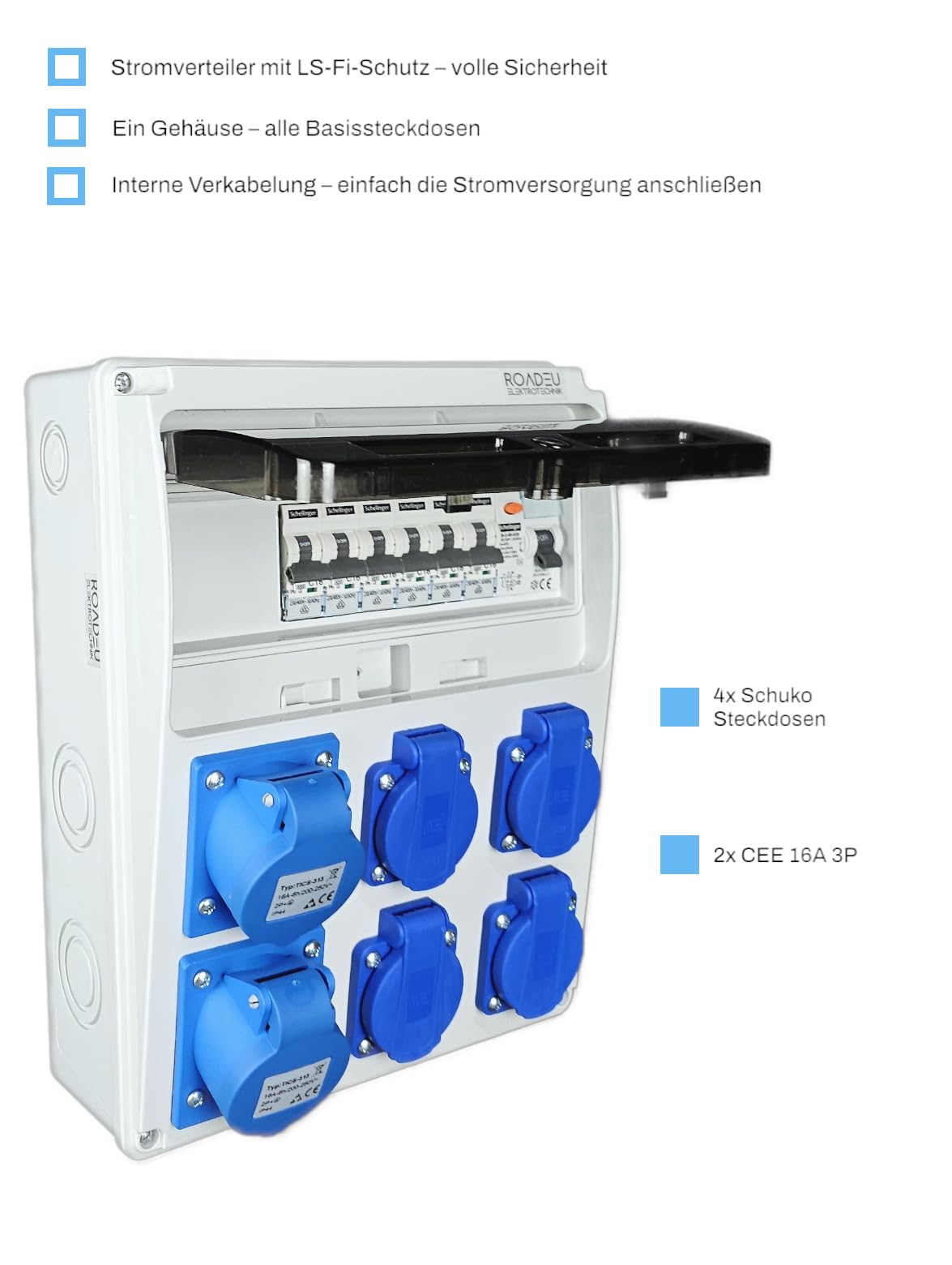 RoadEu - Distribuidor de corriente de 230V. Monofásico, 2 enchufes CEE 16A 3P y 4 enchufes Schuko con fusibles automáticos. Distribuidor de enchufes con interruptor diferencial y disyuntor.