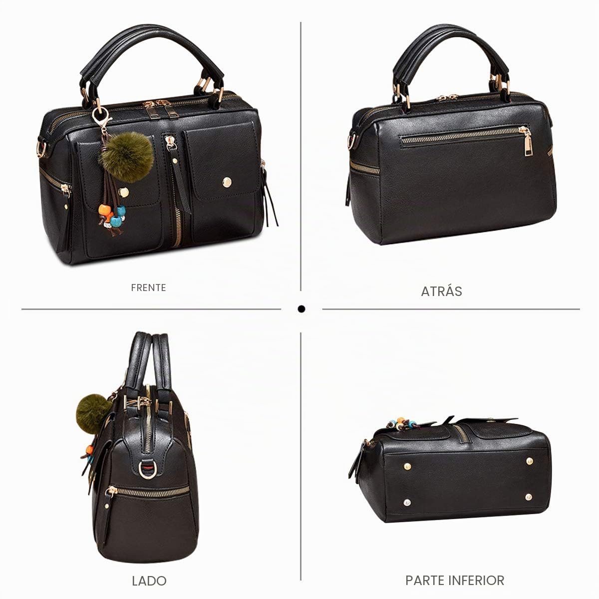 NICOLE & DORIS Bolsos de Mujer Bolso Pompón Estilo Bolso de Hombro con Cremallera Bolsillos Bandolera para Mujer Bolso Cuadrado Pequeño de Cuero PU Trabajo Diario Elegante Moda