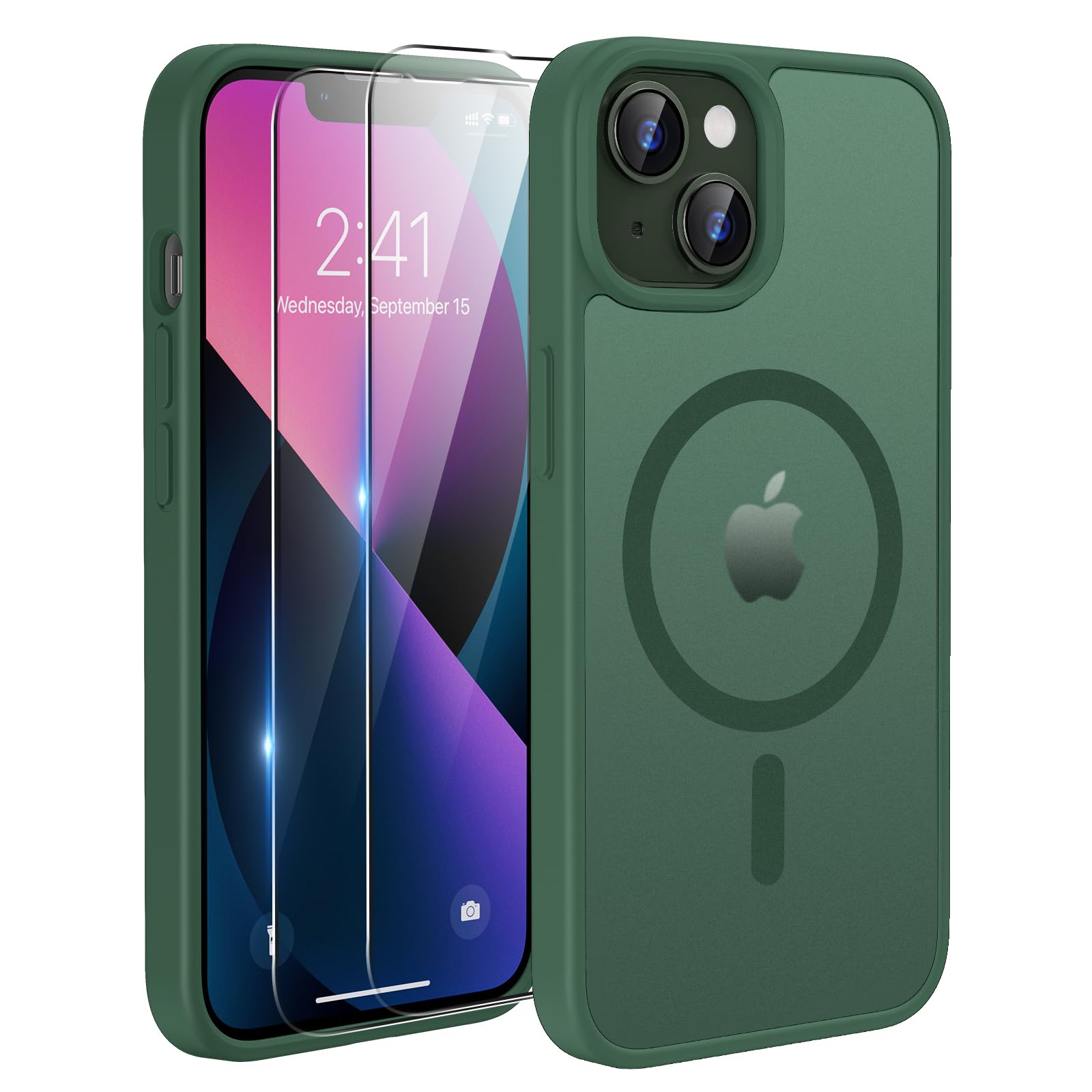 TQIAHF Magnetica Cover per iPhone 13 / iPhone 14 con 2 Pellicola Vetro Temperato Protezione Schermo Compatibile con Magsafe Case Militare Antiurto Sottile Opaca Telefono Custodia,Verde