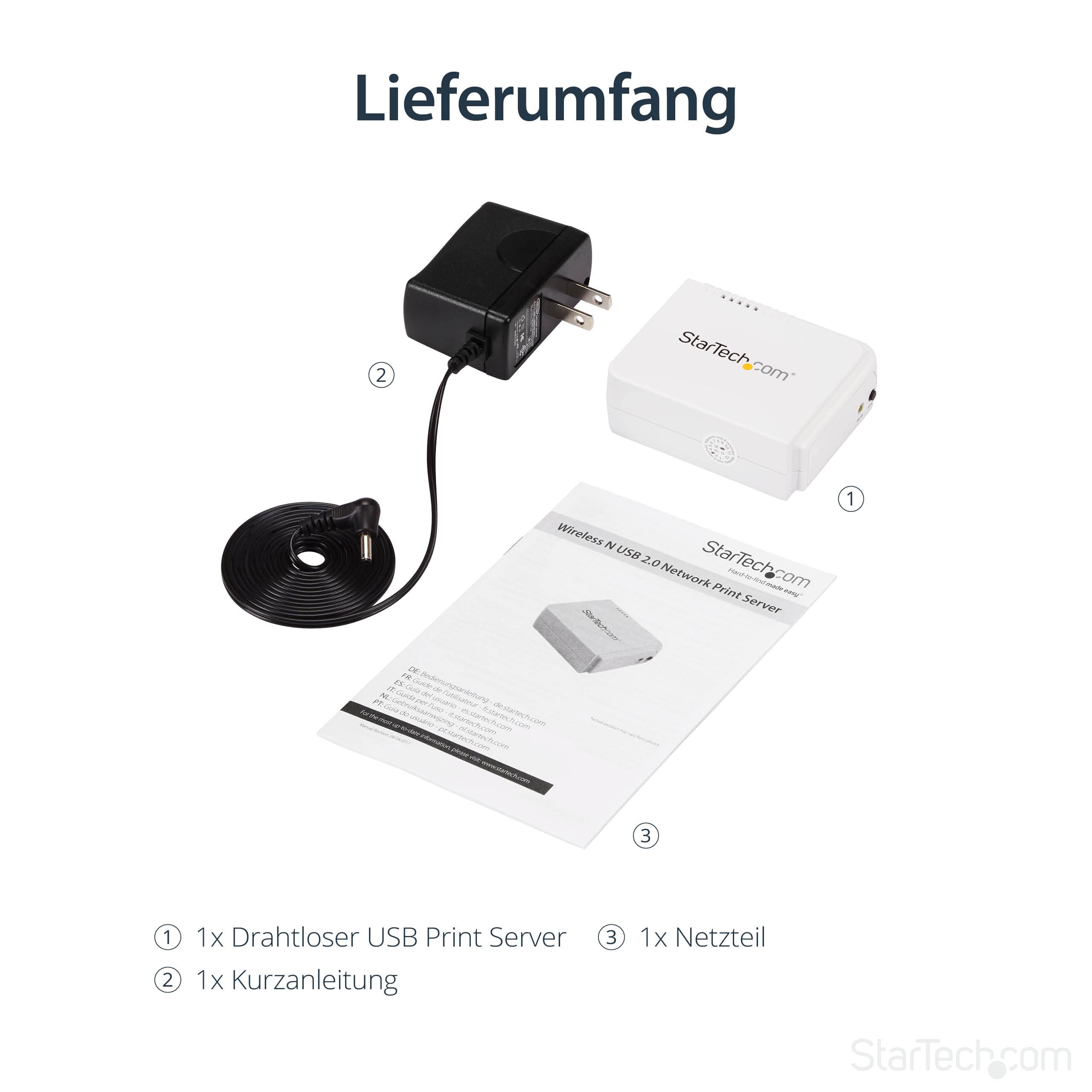 StarTech.com 1 Port USB WLAN 802.11 b/g/n Printserver mit 10/100 Mb/s Ethernet Anschluss - Wireless-N Druckerserver / Print Server