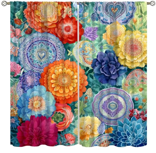 wlsgdsg Boho Floral Blackout Curtains for Kitchen Colorful Mandala Medallion