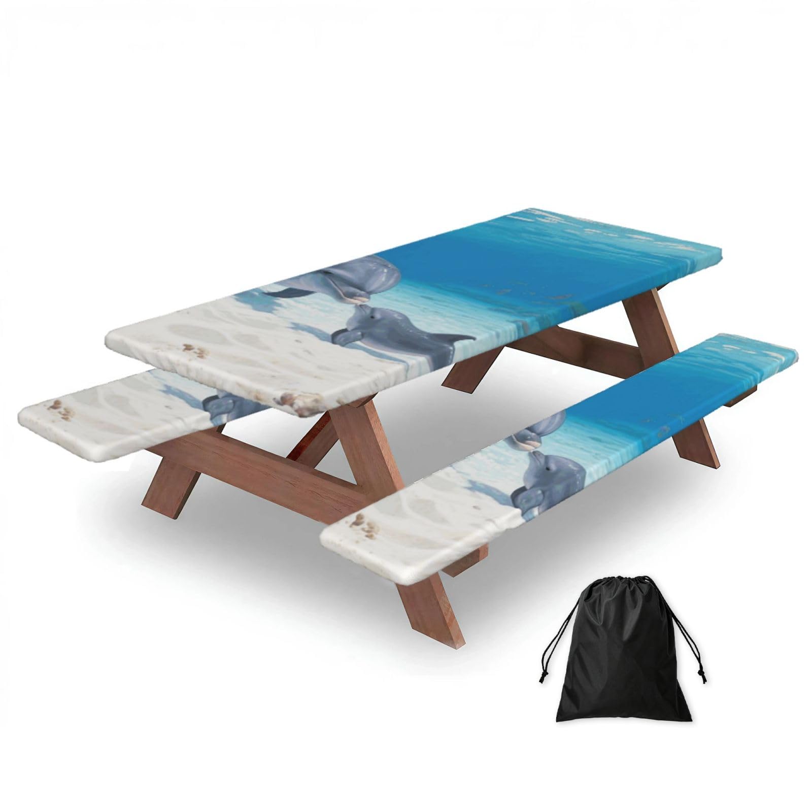 FekiLoot Dolphin Picnic Table Cover with Bench Covers and Bag, Windproof Waterproof Rectangle Tablecloth with Elastic Edges Fitted Camping Table Covers Portable Camping Accessories