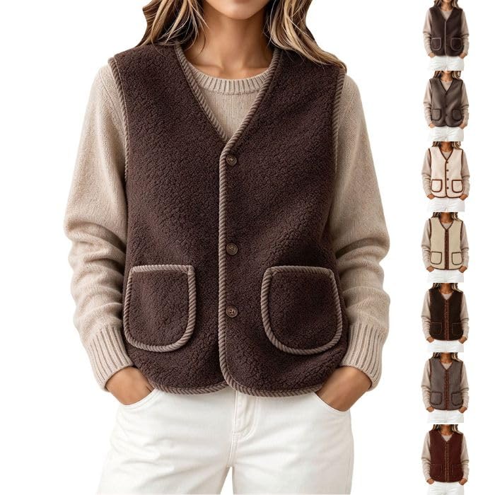 Womens Vest Trendy Fuzzy Sherpa Fleece Jacket Lightweight Sleeveless Jackets Brown 4XL - image 1