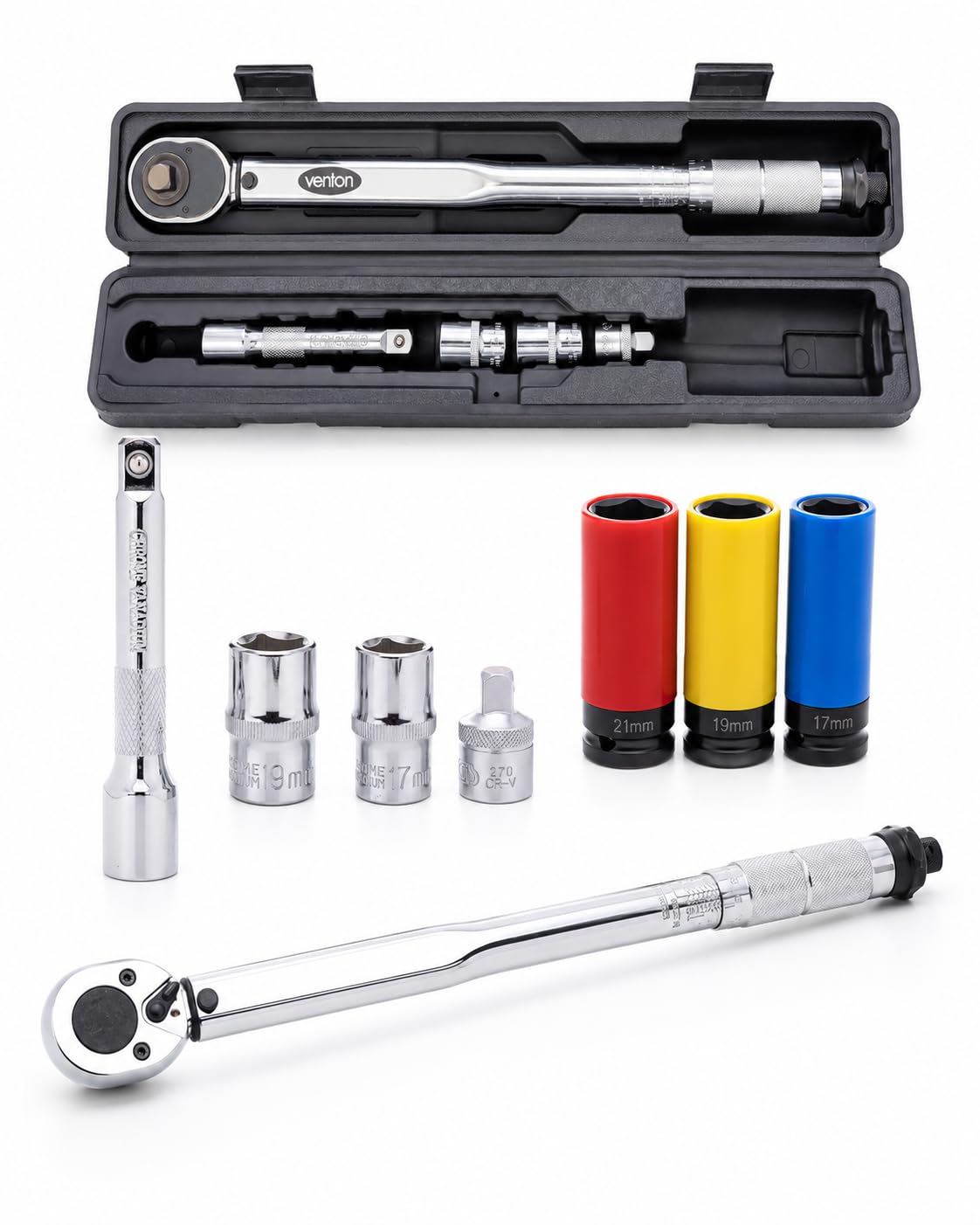 VENTON Juego de llaves dinamométricas profesionales de 1/2", 3/8", adaptador, 10-210 Nm, 3 x llaves blancas, herramienta precisa para cambio de ruedas con carraca reversible, llaves de vaso