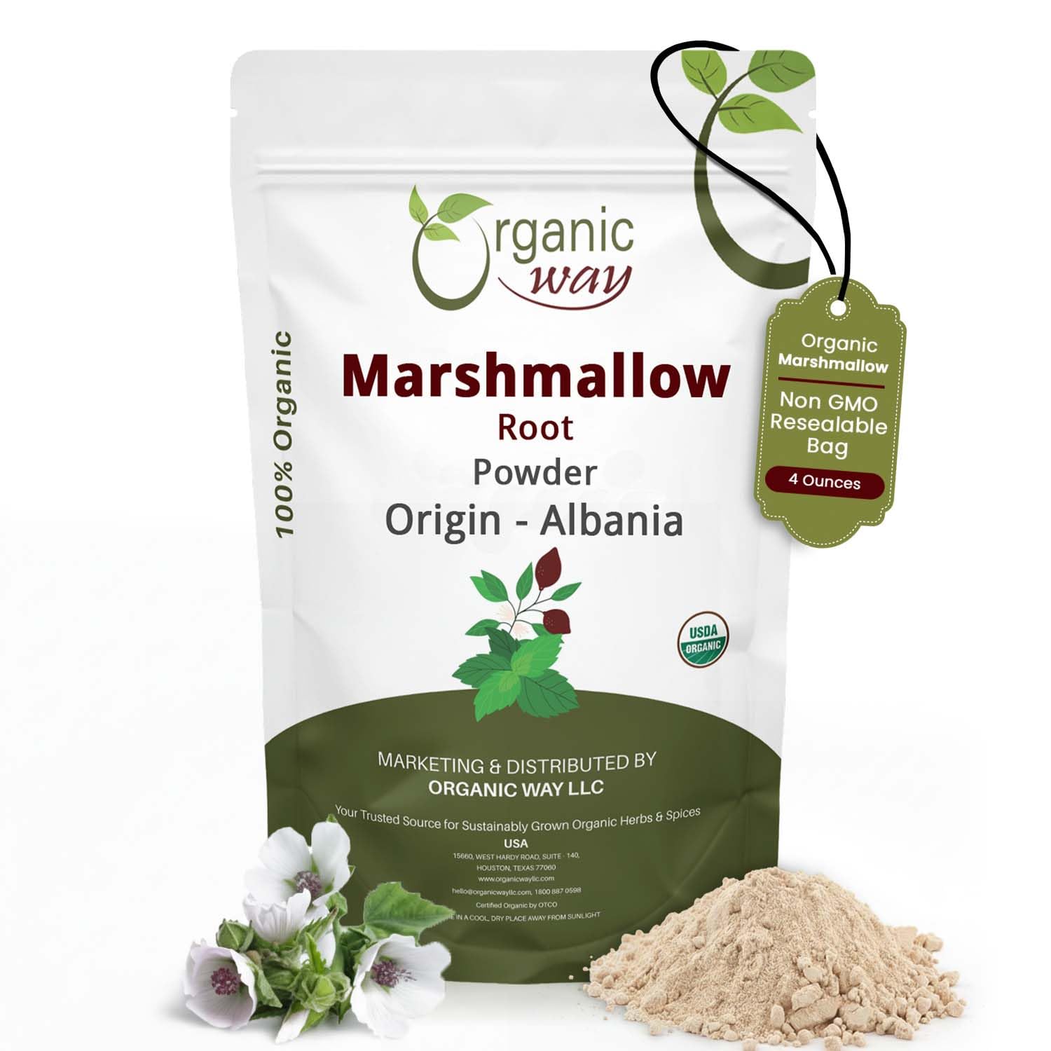 Organic Way Marshmallow Root Powder (Althaea Officinalis) - Herbal Tea | European Wild-Harvest | Organic & Kosher Certified | Non GMO & Gluten Free | USDA Certified | Origin - Albania (1/4LBS / 4Oz)