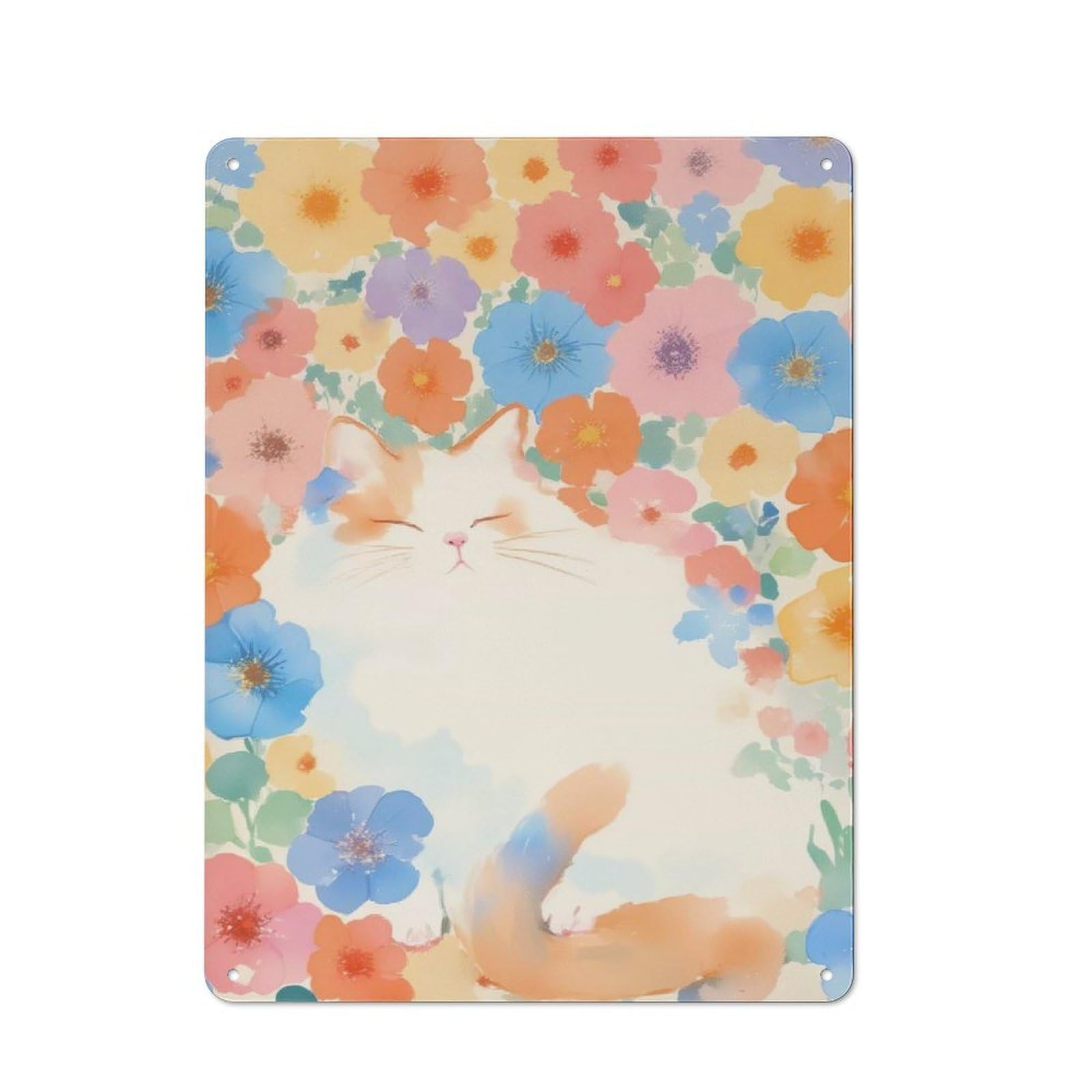 Bistro Style Cat in Floral Watercolor Illustration Tin Wall Sign 40x30cm, Shop Wall Decor for Takeaway, Bar, Kitchen Or Counter Area