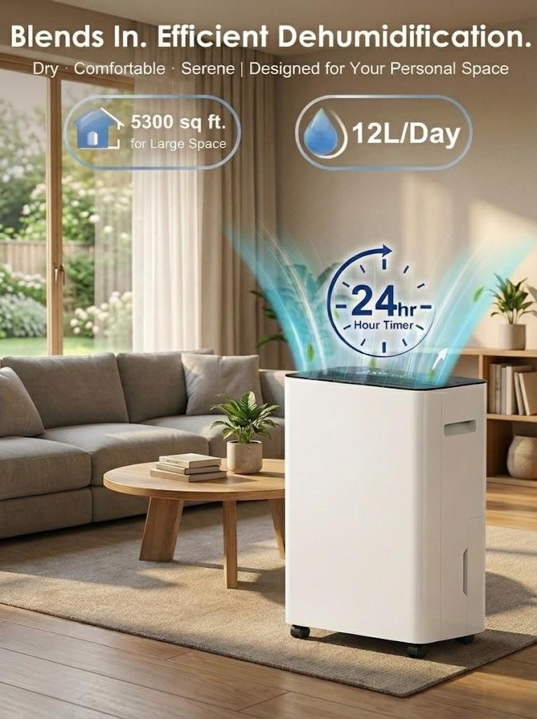 Deumidificatore Casa 12000ML/24H, Deumidificatore Elettrico Compatto con Serbatoio 3L, Controllo Intelligente Umidità 30-80%, per Casa, Ufficio, Cantina 50㎡/150m³