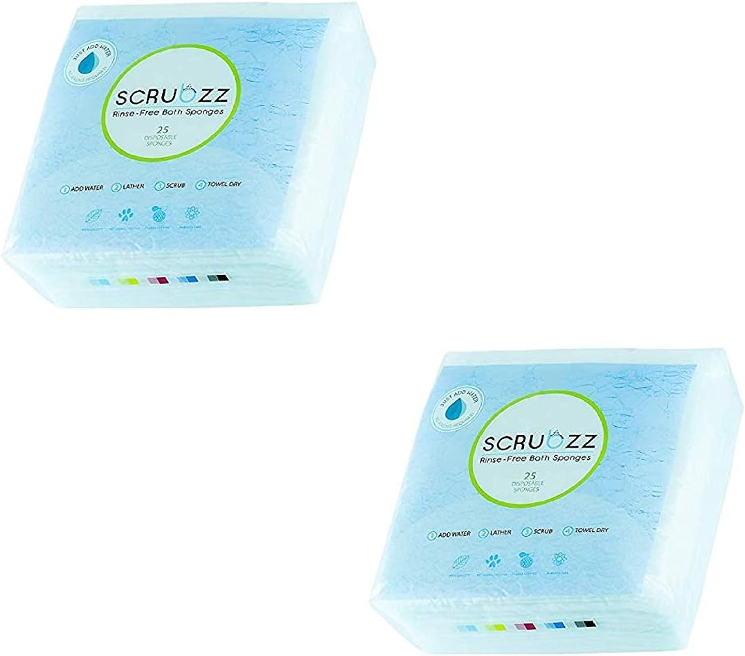 Scrubzz Disposable No Rinse Bathing Wipes - 25 Pack - All-in-1 Single Use Shower Wipes, Simply Dampen, Lather, and Dry Without Shampoo or Rinsing (2 Pack - 25 Count)