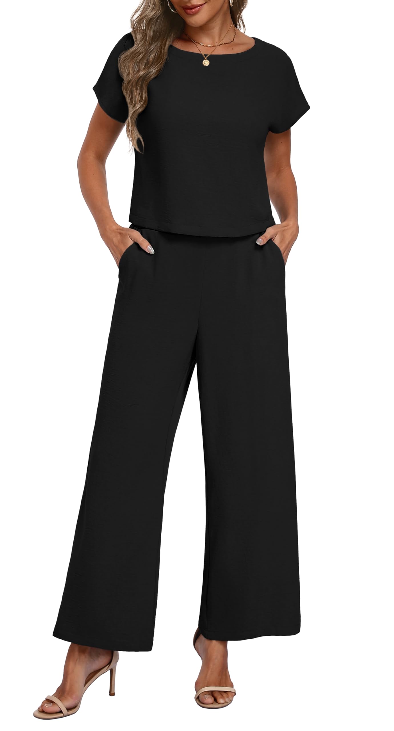 Lepunuo 2 Piece Sets for Women Summer Cap Sleeve Crop Top Wide Leg Pants Matching Lounge Set Vacation Beach Travel Outfits