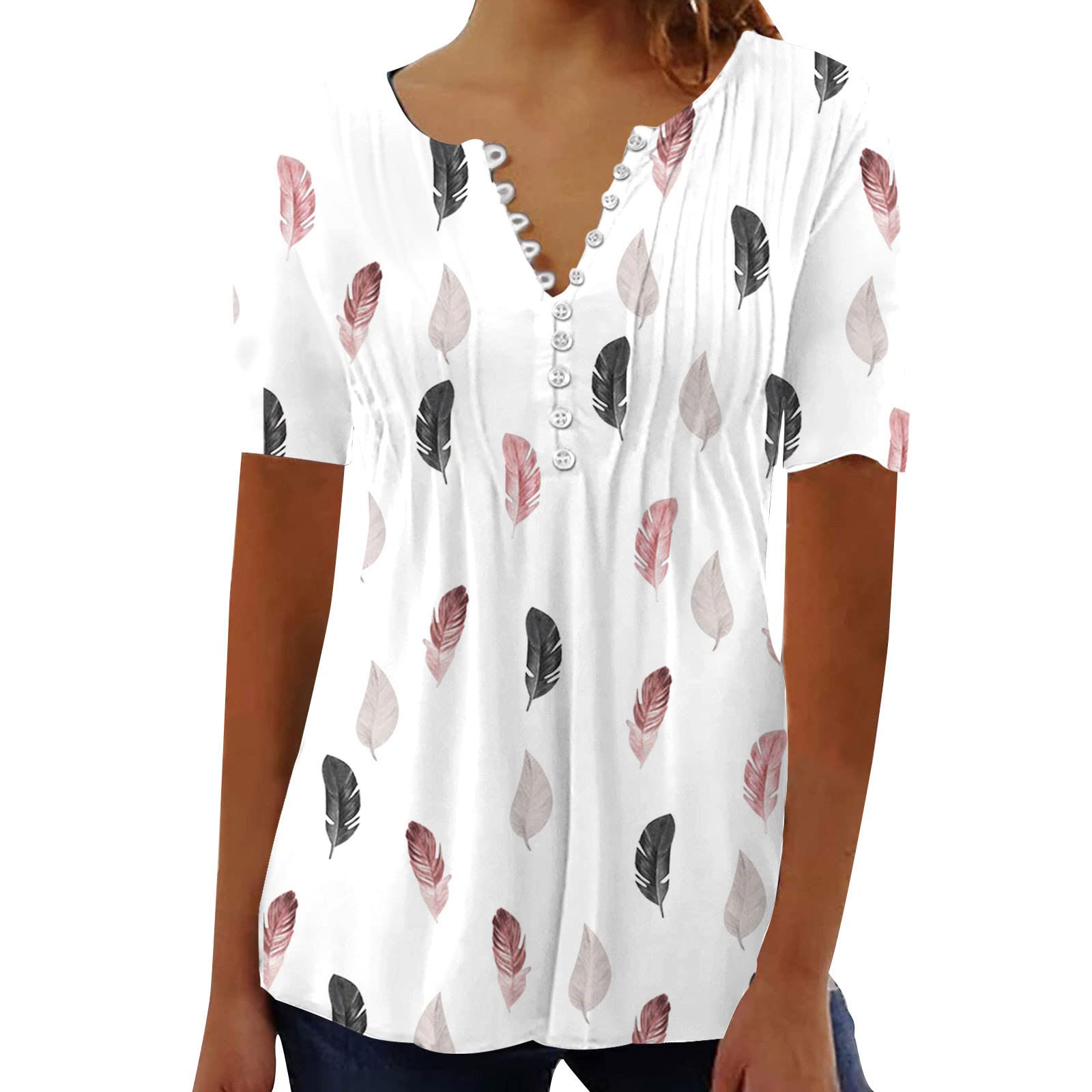 NUSGEAR 2024 Camiseta de Manga Corta Mujer Moda impresión Camisa Verano Suelto Cuello en V Botones Túnica Tops Elegante Casual Fiesta T-Shirt Original Basic tee Camisetas Blusa Talla Grande