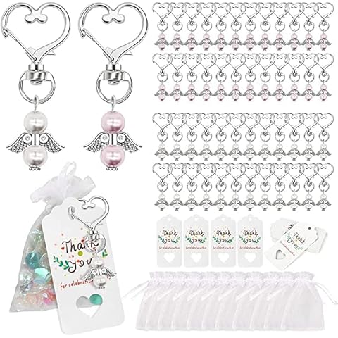 Gohytal Party Favours Christening, Pack of 48 Wedding Guardian Angel with Kraft Paper Pendant, Mini Angel Keyring for Wedding Decoration, Communion, Confirmation, Gift for Guest, Valentine's Day Cover