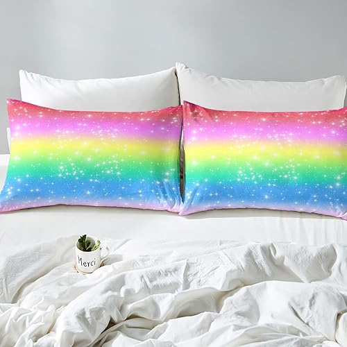 Miniatura 6 de Erosebridal Juego de edredón de arco iris para niñas, juego de ropa de cama de teñido anudado con purpurina degradado para niños, adolescentes y