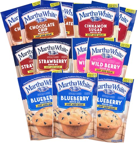 Martha White Muffin Mix Sampler Variety Pack, Pack of 12, Chocolate Chip, Blueberry, Strawberry, Cinnamon Sugar, Wildberry, Just Add Milk