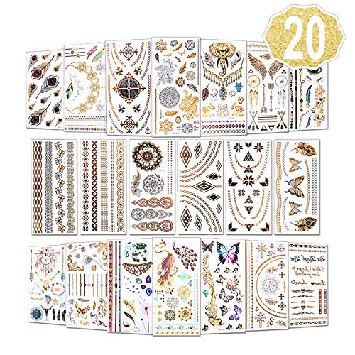 Temporäre Tattoos (Waterproof), 20 Blatt Tattoo aufkleber festival, (400+ Designs) Gold Festival Ausrüstung, Festival Armbänder für Frauen, Mädchen by AniSqui