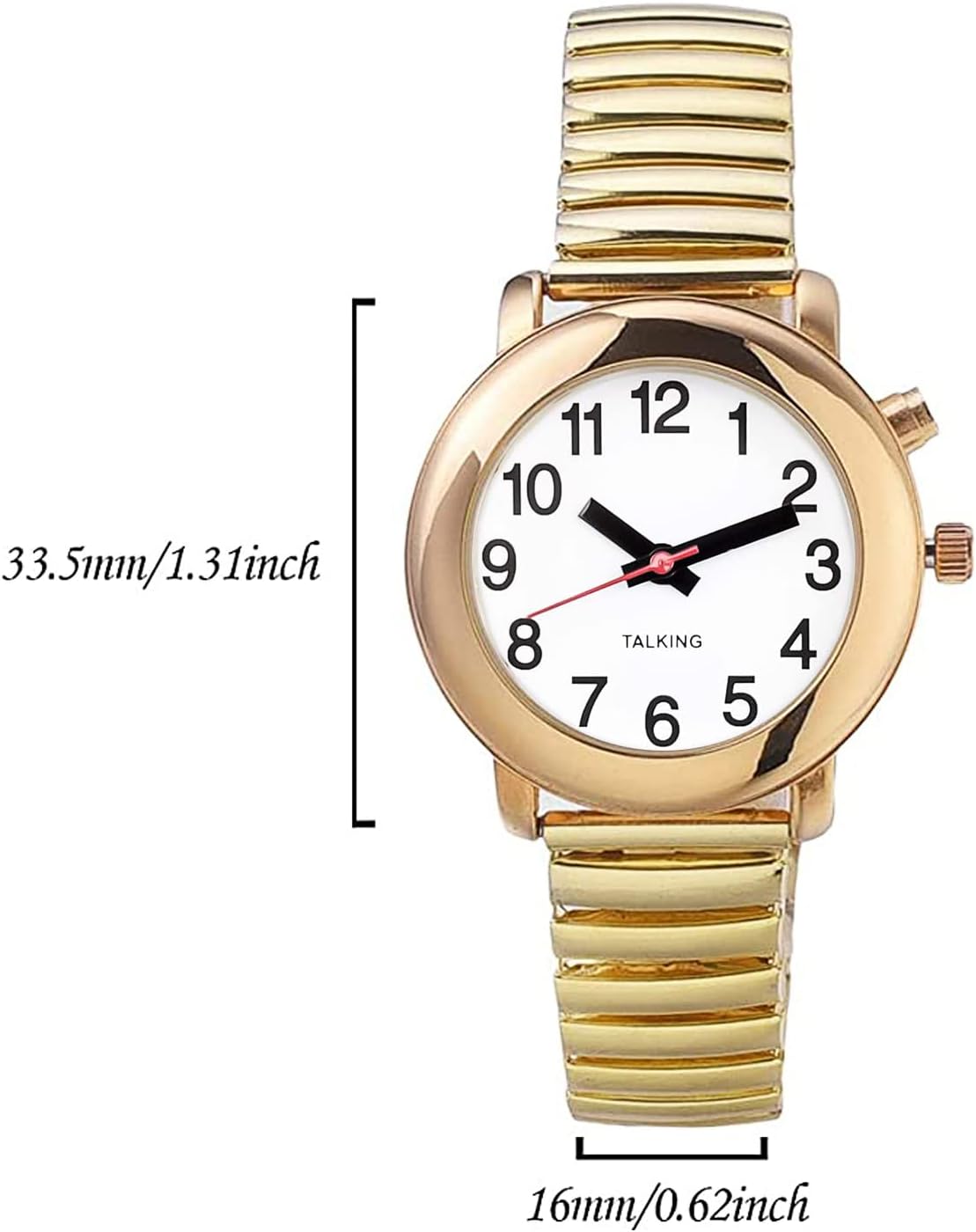 English Talking Watch Speaks The Time, Date or Alarm time for Elderly, Impaired Sight or Blind. White Face-Black Numbers with Stainless Expand Strap